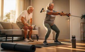 Illustration von Menschen ab 50, die mit einfachen Übungen zu Hause trainieren, um altersbedingten Beschwerden vorzubeugen