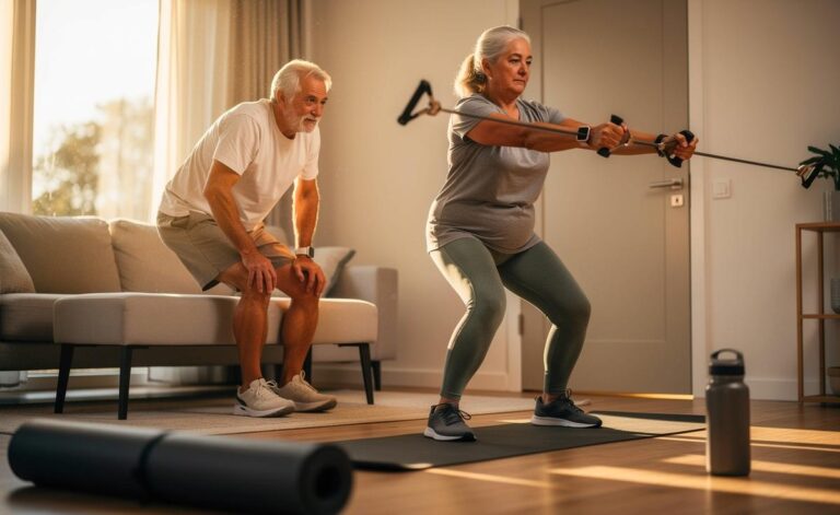 Illustration von Menschen ab 50, die mit einfachen Übungen zu Hause trainieren, um altersbedingten Beschwerden vorzubeugen