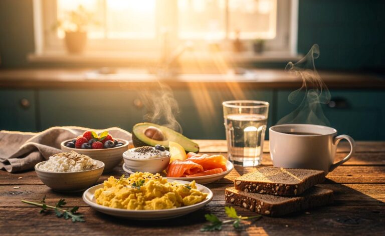 Illustration von einem Eiweißfrühstück am Morgen, das das Wohlbefinden steigert