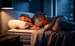 Illustration von einer über 60-jährigen Person in Seitenlage mit Nackenstützkissen und Kniekissen auf ergonomischer Matratze zur Prävention von Rückenschmerzen gemäß orthopädischer Empfehlung