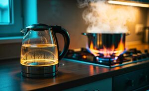 Illustration von einem elektrischen Wasserkocher und einem herkömmlichen Topf im Effizienzvergleich