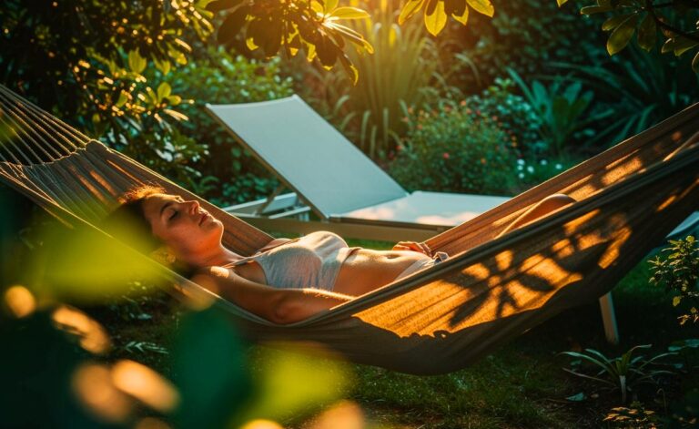 Illustration von [einer Person in diagonaler Liegeposition in einer Tuchhängematte mit neutraler Wirbelsäule und gleichmäßiger Druckverteilung im Vergleich zu einer starren Gartenliege]